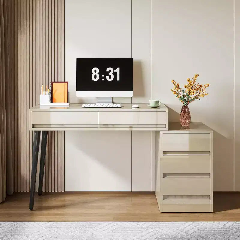 Bureau d'ordinateur moderne laqué, bureau réversible avec tiroirs de rangement