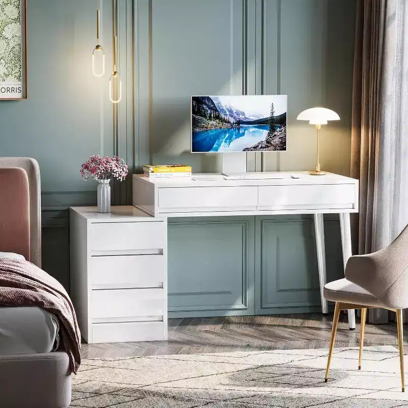 High Gloss Modern Computer Desk, Reversible Home Office Desk with Storage Drawers