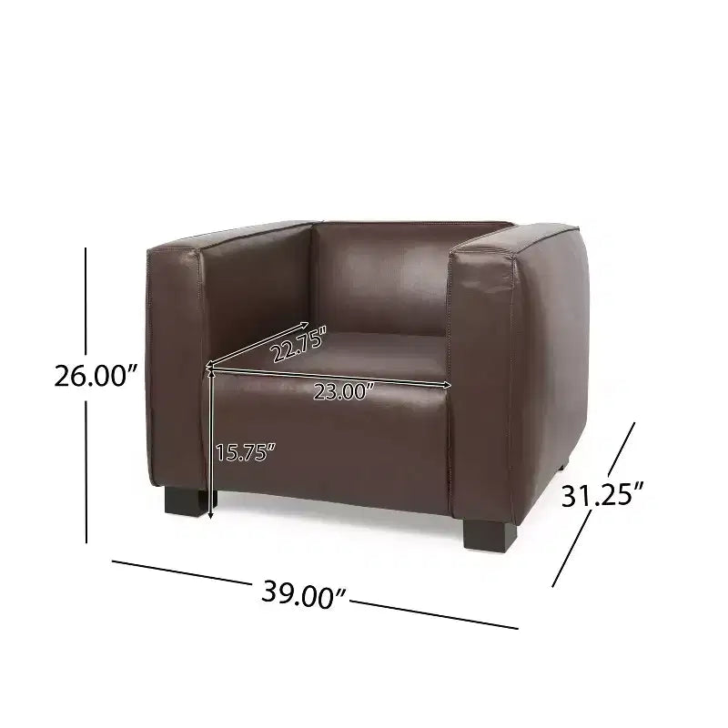 Fauteuil club contemporain en similicuir, style smoking avec pieds en bois de bouleau