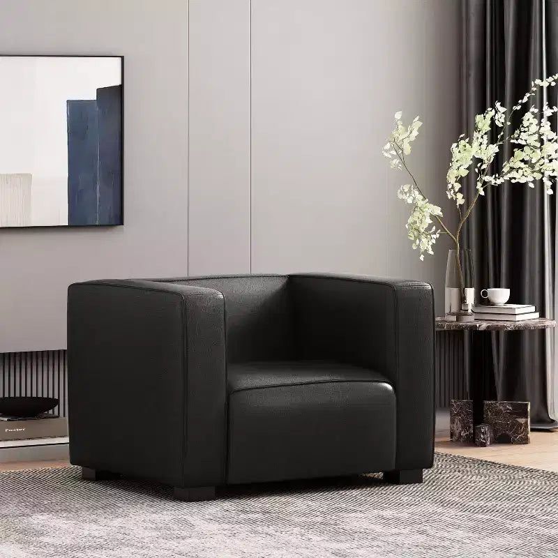 Fauteuil club contemporain en similicuir, style smoking avec pieds en bois de bouleau