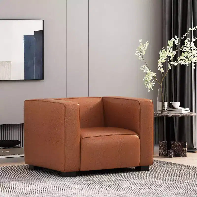 Fauteuil club contemporain en similicuir, style smoking avec pieds en bois de bouleau
