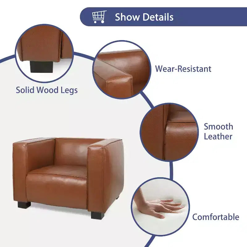 Fauteuil club contemporain en similicuir, style smoking avec pieds en bois de bouleau