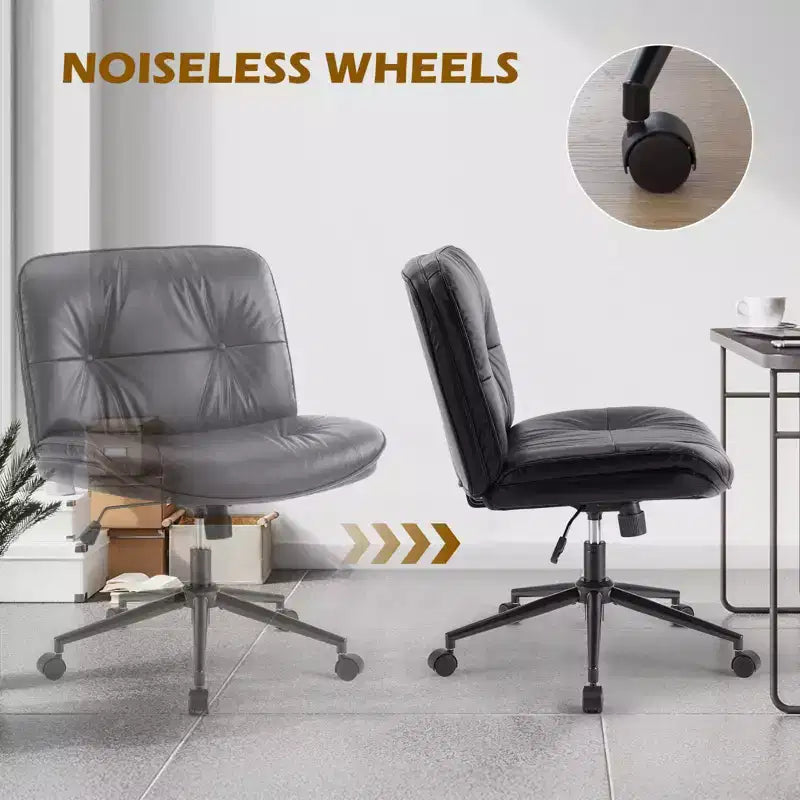 Fauteuil de bureau ergonomique sans accoudoirs, chaise d'ordinateur pivotante en cuir PU large avec hauteur réglable et roulettes omnidirectionnelles