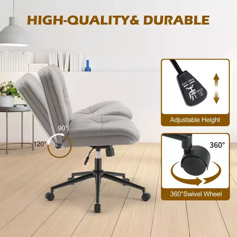 Fauteuil de bureau ergonomique sans accoudoirs, chaise d'ordinateur pivotante en cuir PU large avec hauteur réglable et roulettes omnidirectionnelles