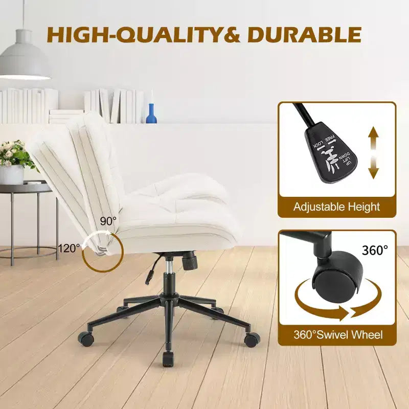 Fauteuil de bureau ergonomique sans accoudoirs, chaise d'ordinateur pivotante en cuir PU large avec hauteur réglable et roulettes omnidirectionnelles