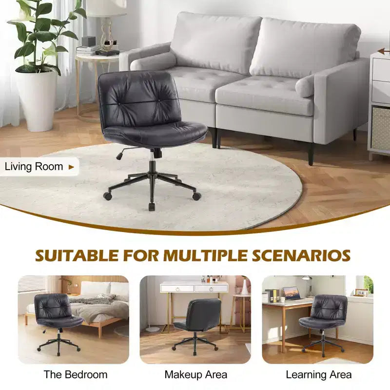 Fauteuil de bureau ergonomique sans accoudoirs, chaise d'ordinateur pivotante en cuir PU large avec hauteur réglable et roulettes omnidirectionnelles