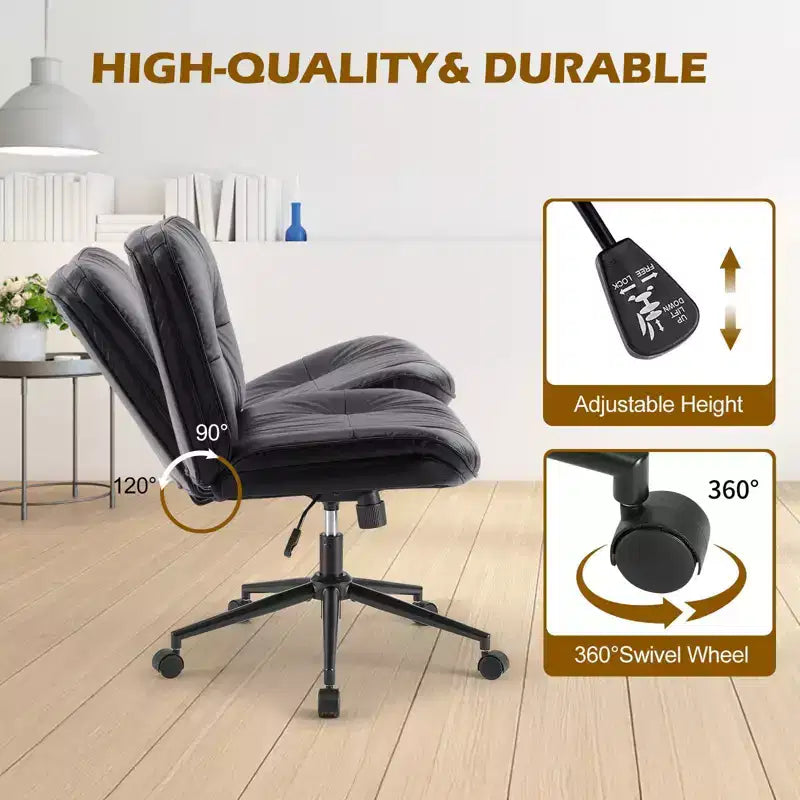 Fauteuil de bureau ergonomique sans accoudoirs, chaise d'ordinateur pivotante en cuir PU large avec hauteur réglable et roulettes omnidirectionnelles
