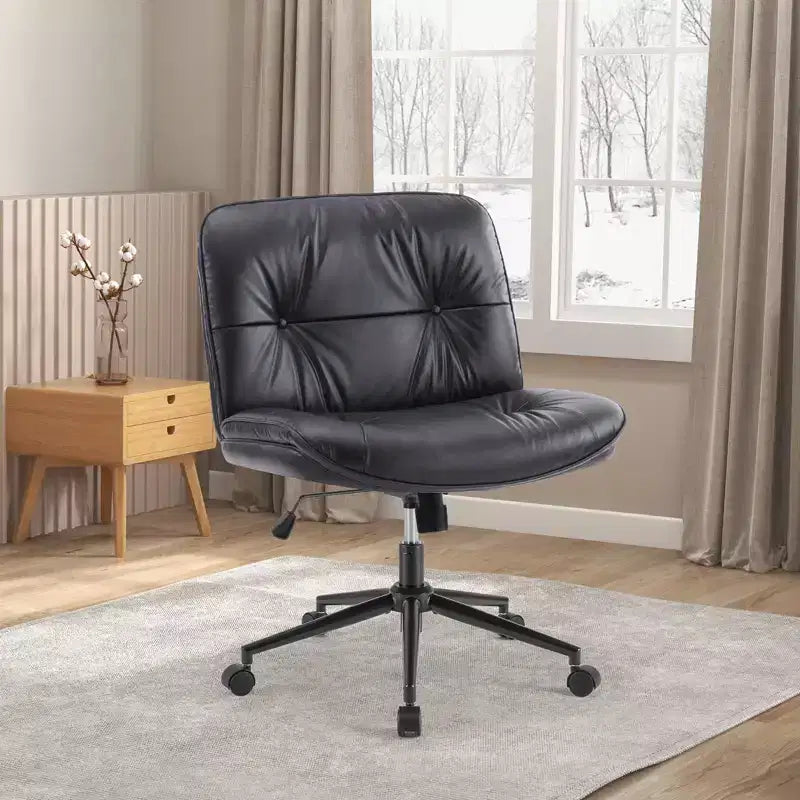 Fauteuil de bureau ergonomique sans accoudoirs, chaise d'ordinateur pivotante en cuir PU large avec hauteur réglable et roulettes omnidirectionnelles