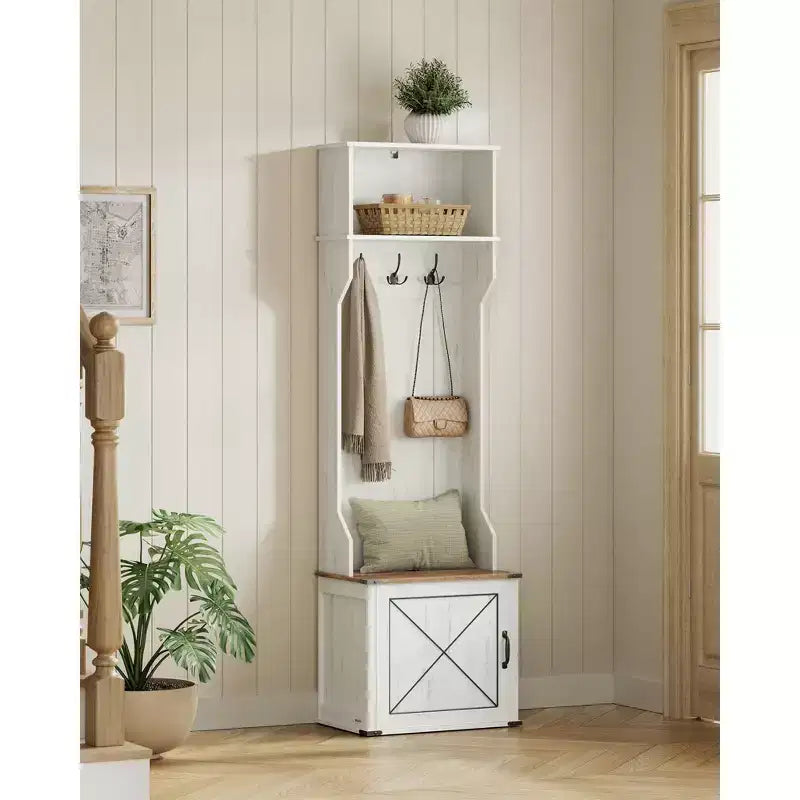 VASAGLE Hall Tree with Bench and Shoe Storage, Coat Rack with Shoe Bench, Entryway Furniture, 3 Tri-Hooks, Door with Handle, Rustic White