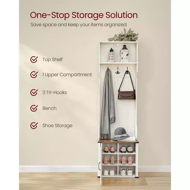 Porte-manteau avec banc et rangement à chaussures, porte-manteau avec banc à chaussures, meuble d'entrée, 3 patères, porte avec poignée, blanc rustique