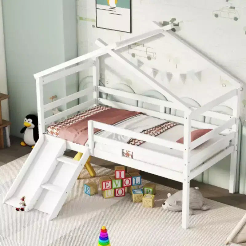 Youth Loft Bed with Slide, Access Ladder, and Guard Rails, Complete with Playhouse-Style Roof