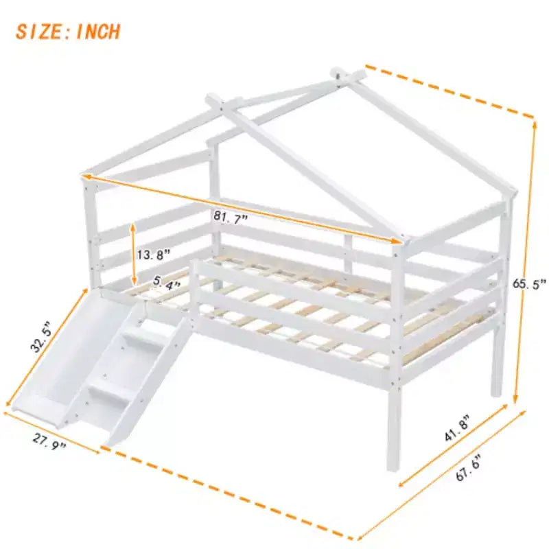 Lit mezzanine enfant avec toboggan, échelle d'accès et barrières de sécurité, complété d'un toit style maisonnette