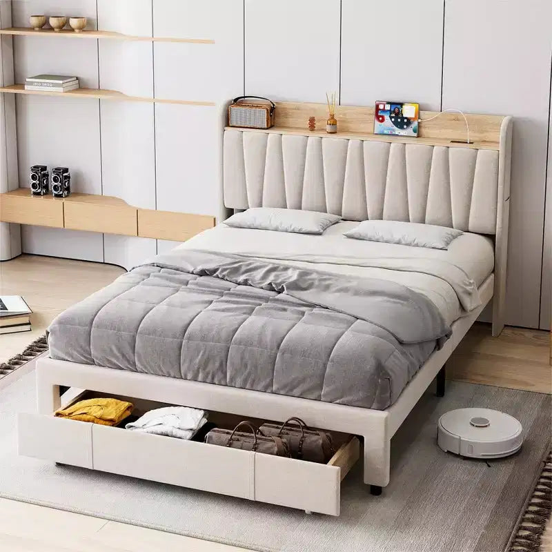 Upholstered Bed Frame with Storage Headboard and Charging Station, Platform Bed Frame with Drawers