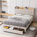 Upholstered Bed Frame with Storage Headboard and Charging Station, Platform Bed Frame with Drawers
