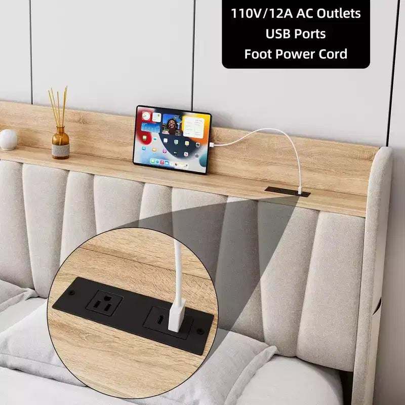 Cadre de lit rembourré avec tête de lit de rangement et station de recharge, lit plateforme avec tiroirs