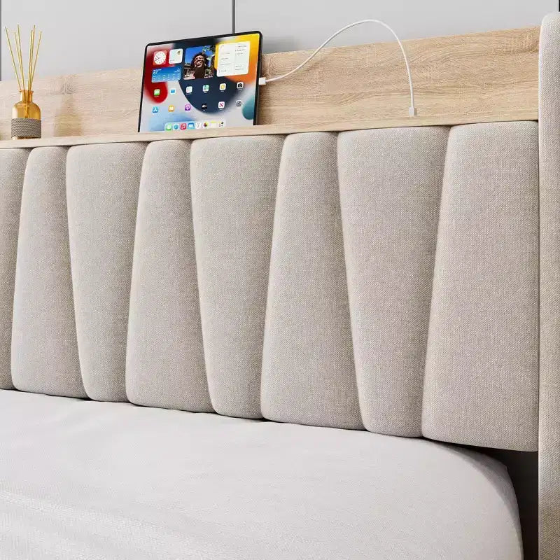 Cadre de lit rembourré avec tête de lit de rangement et station de recharge, lit plateforme avec tiroirs