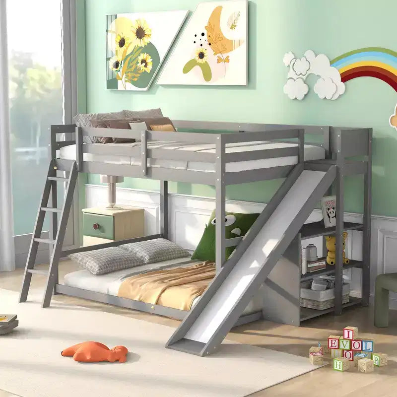Whisen Full over Full Bunk Bed with Ladder and Slide and Shelves