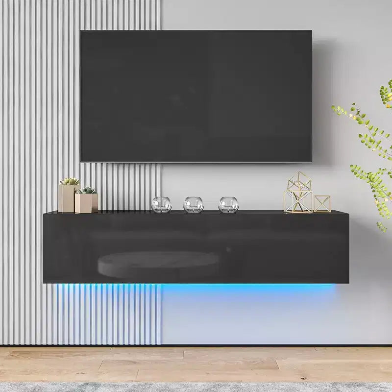 Meuble TV flottant mural à LED de 55" pour téléviseurs jusqu'à 63" avec rangement dissimulé