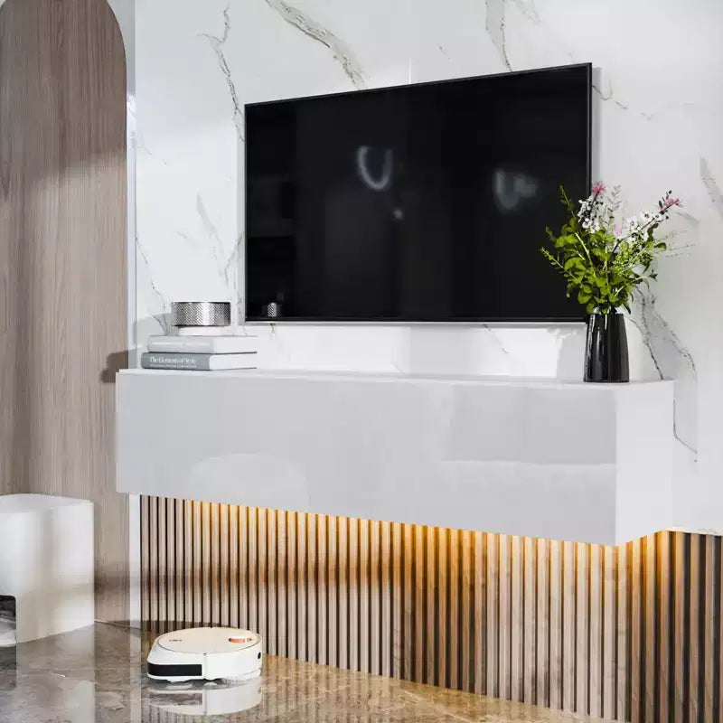 Meuble TV flottant mural à LED de 55" pour téléviseurs jusqu'à 63" avec rangement dissimulé