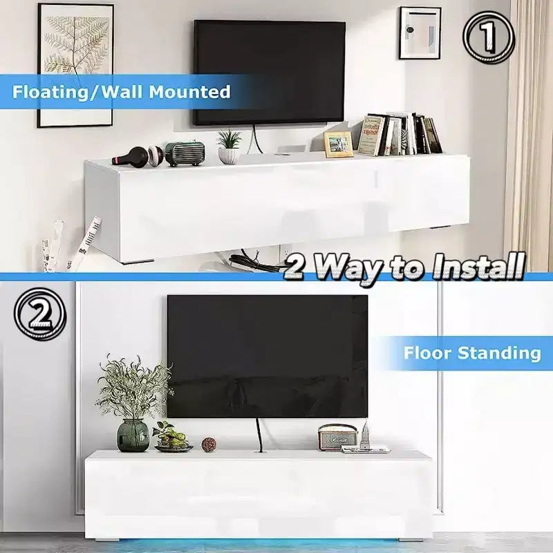 Meuble TV flottant mural à LED de 55" pour téléviseurs jusqu'à 63" avec rangement dissimulé