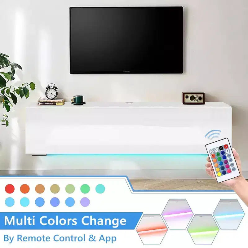 Meuble TV flottant mural à LED de 55" pour téléviseurs jusqu'à 63" avec rangement dissimulé