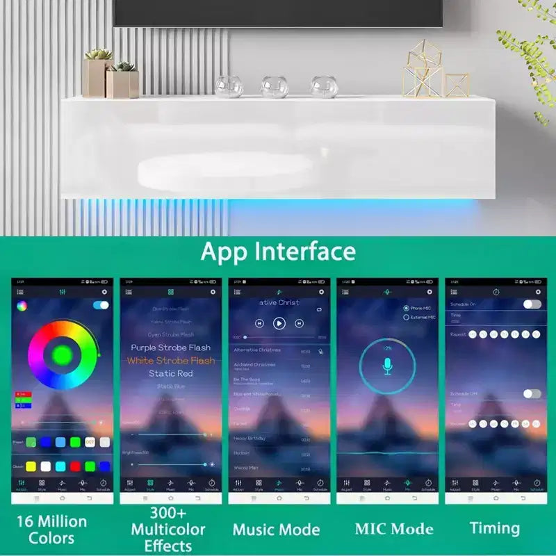 Meuble TV flottant mural à LED de 55" pour téléviseurs jusqu'à 63" avec rangement dissimulé