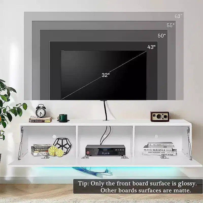 Meuble TV flottant mural à LED de 55" pour téléviseurs jusqu'à 63" avec rangement dissimulé