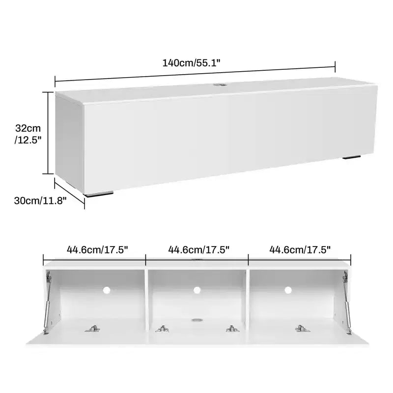 Meuble TV flottant mural à LED de 55" pour téléviseurs jusqu'à 63" avec rangement dissimulé