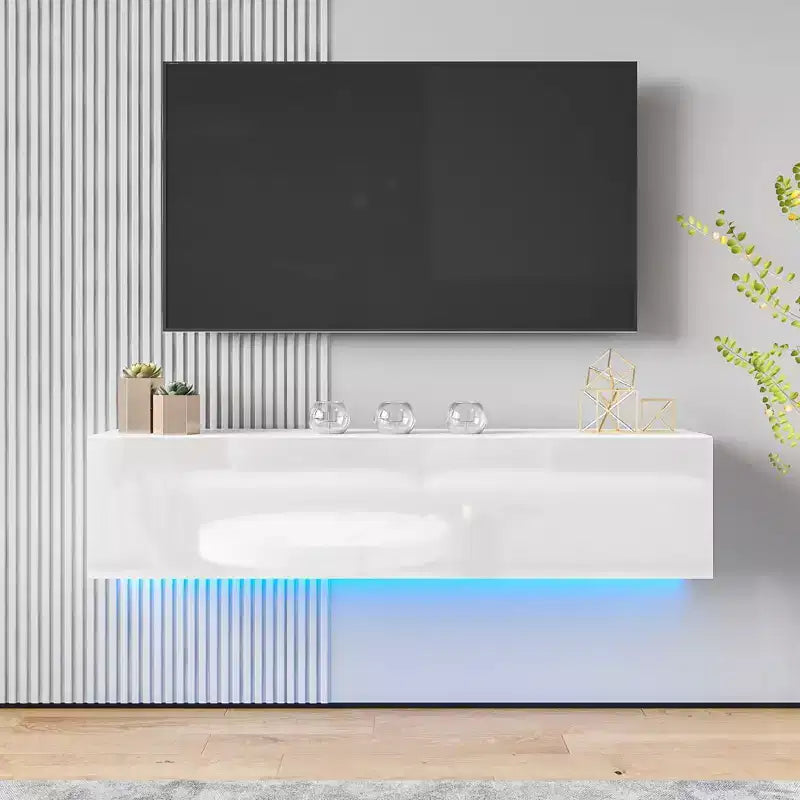 Meuble TV flottant mural à LED de 55" pour téléviseurs jusqu'à 63" avec rangement dissimulé