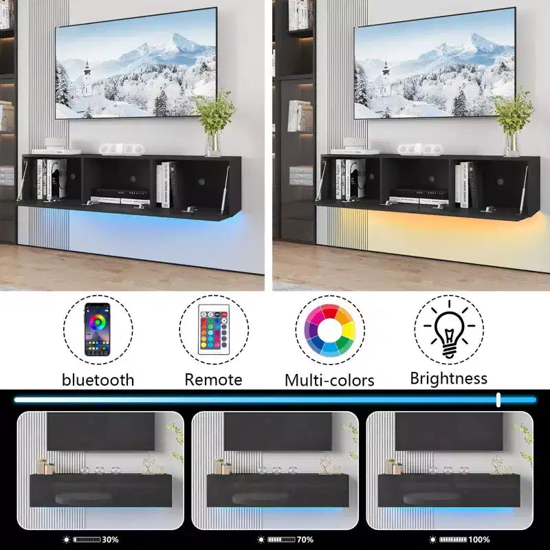 Meuble TV flottant mural à LED de 55" pour téléviseurs jusqu'à 63" avec rangement dissimulé