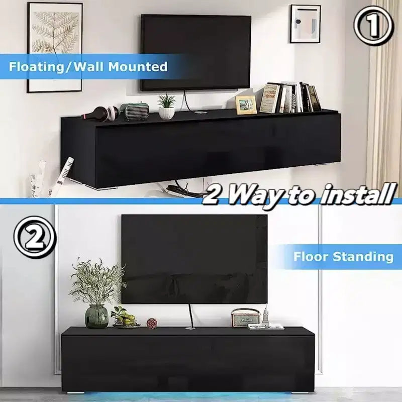 Meuble TV flottant mural à LED de 55" pour téléviseurs jusqu'à 63" avec rangement dissimulé