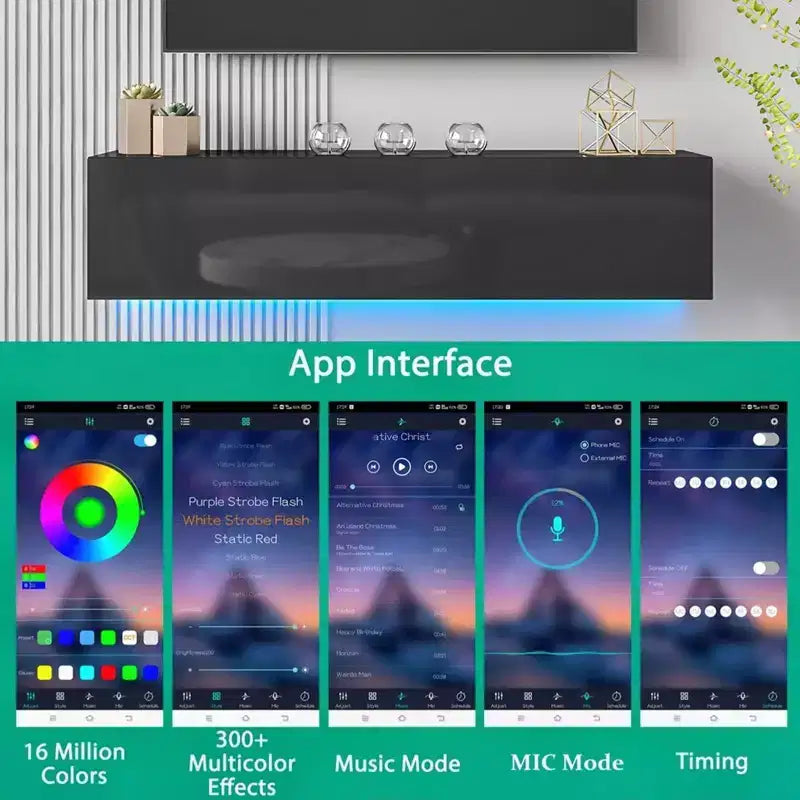 Meuble TV flottant mural à LED de 55" pour téléviseurs jusqu'à 63" avec rangement dissimulé