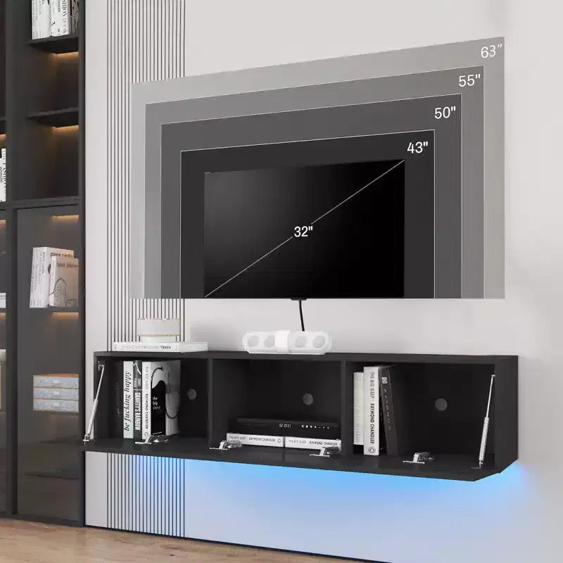 Meuble TV flottant mural à LED de 55" pour téléviseurs jusqu'à 63" avec rangement dissimulé