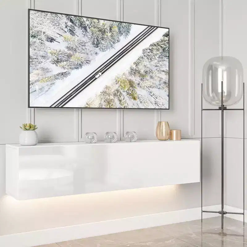 Meuble TV flottant mural à LED de 55" pour téléviseurs jusqu'à 63" avec rangement dissimulé