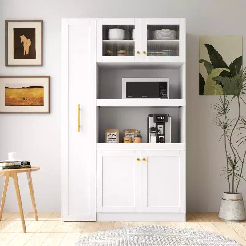 43W Multifunctional Kitchen Pantry Storage Cabinet Pantry Organizer with Pull-out Multi-tier Storage Shelf and 4 Doors, White-ModernLuxe
