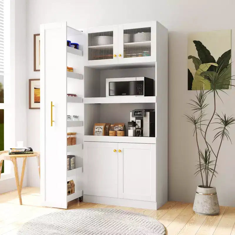 Meuble de rangement multifonctionnel pour garde-manger de cuisine de 43 po de large avec étagère coulissante à plusieurs niveaux et 4 portes, blanc