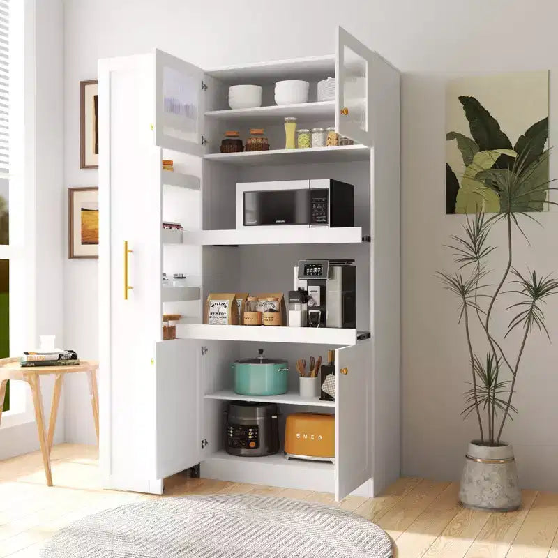 Meuble de rangement multifonctionnel pour garde-manger de cuisine de 43 po de large avec étagère coulissante à plusieurs niveaux et 4 portes, blanc