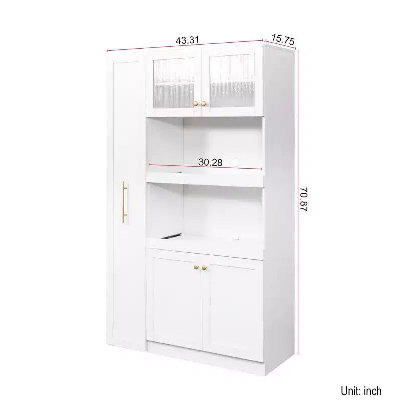 Meuble de rangement multifonctionnel pour garde-manger de cuisine de 43 po de large avec étagère coulissante à plusieurs niveaux et 4 portes, blanc