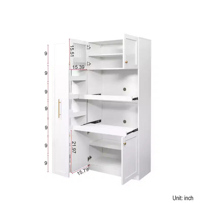 Meuble de rangement multifonctionnel pour garde-manger de cuisine de 43 po de large avec étagère coulissante à plusieurs niveaux et 4 portes, blanc
