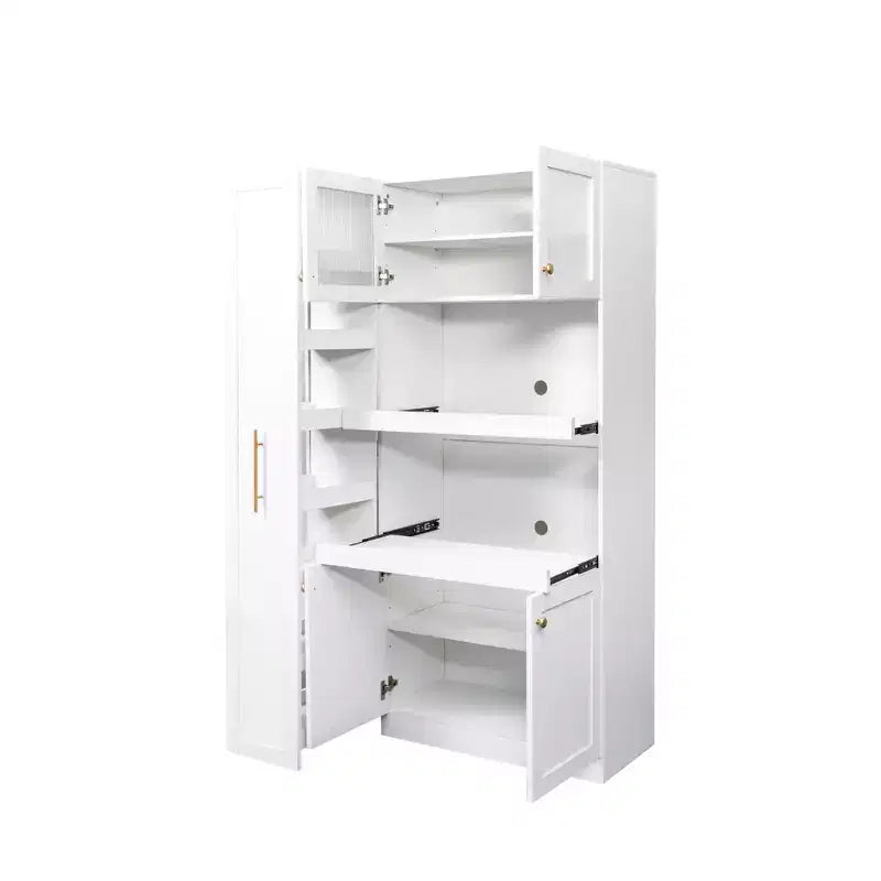 Meuble de rangement multifonctionnel pour garde-manger de cuisine de 43 po de large avec étagère coulissante à plusieurs niveaux et 4 portes, blanc