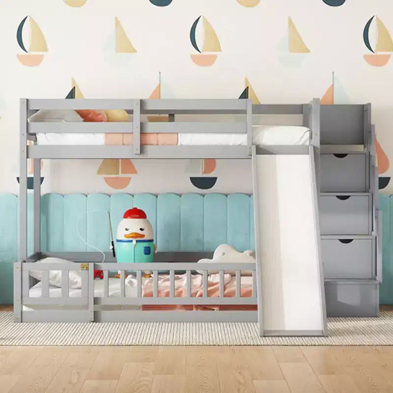 Twin over Full Bunk Bed with Slide, Storage Staircase, Safety Guardrails and Solid Pine Wood Frame, White/Grey-ModernLuxe