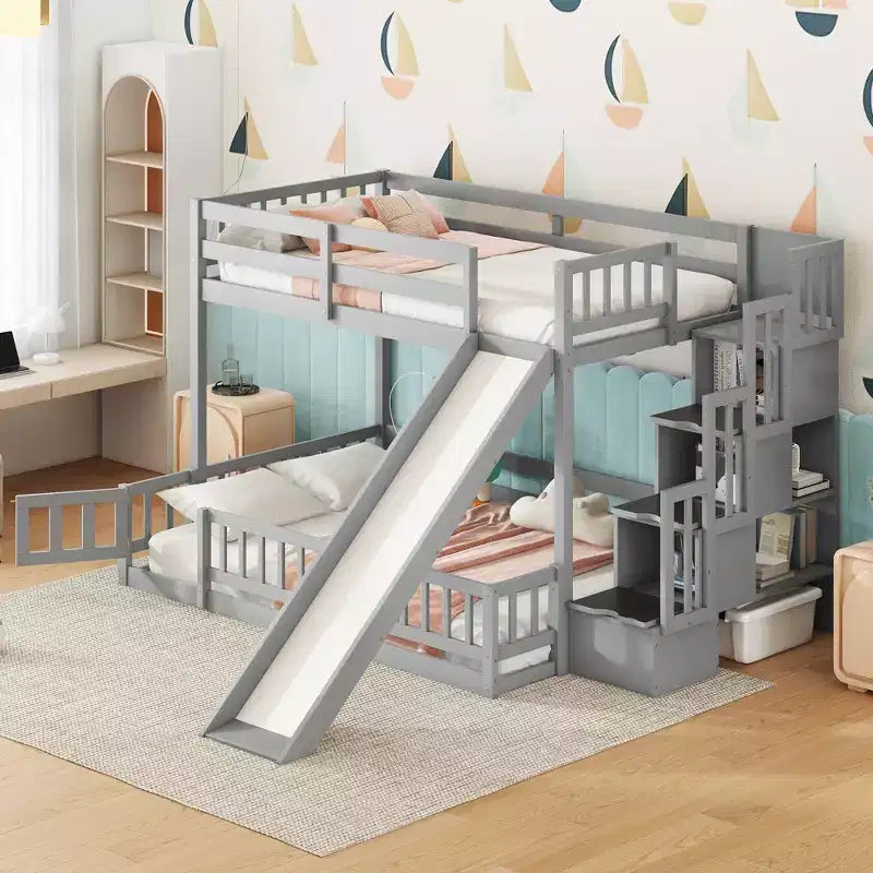 Lit superposé double sur complet avec toboggan, escalier de rangement, garde-corps de sécurité et cadre en bois de pin massif, Blanc/Gris