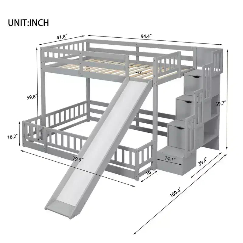 Lit superposé double sur complet avec toboggan, escalier de rangement, garde-corps de sécurité et cadre en bois de pin massif, Blanc/Gris