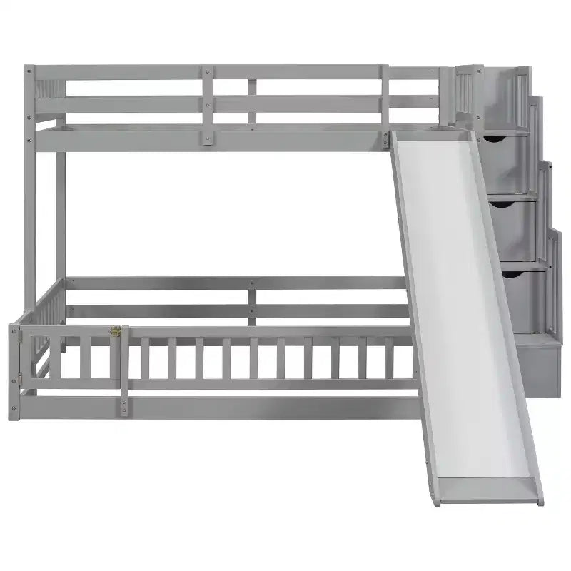Lit superposé double sur complet avec toboggan, escalier de rangement, garde-corps de sécurité et cadre en bois de pin massif, Blanc/Gris
