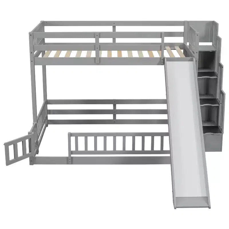 Lit superposé double sur complet avec toboggan, escalier de rangement, garde-corps de sécurité et cadre en bois de pin massif, Blanc/Gris