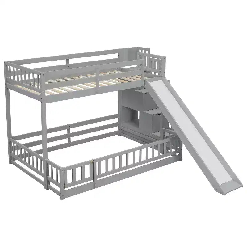Lit superposé double sur complet avec toboggan, escalier de rangement, garde-corps de sécurité et cadre en bois de pin massif, Blanc/Gris