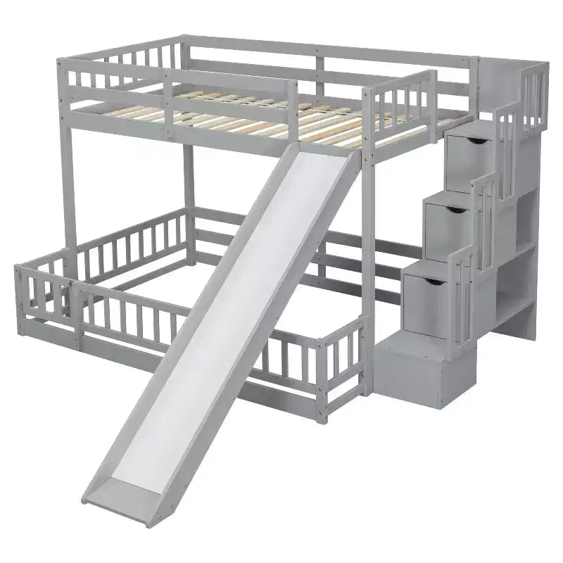 Lit superposé double sur complet avec toboggan, escalier de rangement, garde-corps de sécurité et cadre en bois de pin massif, Blanc/Gris