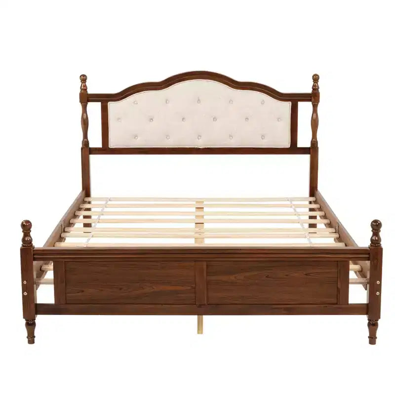 Lit Queen Pine en bois avec tête de lit capitonnée et pied de lit à panneaux