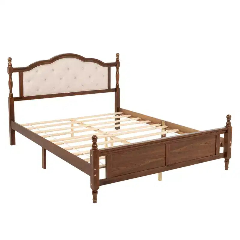 Lit Queen Pine en bois avec tête de lit capitonnée et pied de lit à panneaux