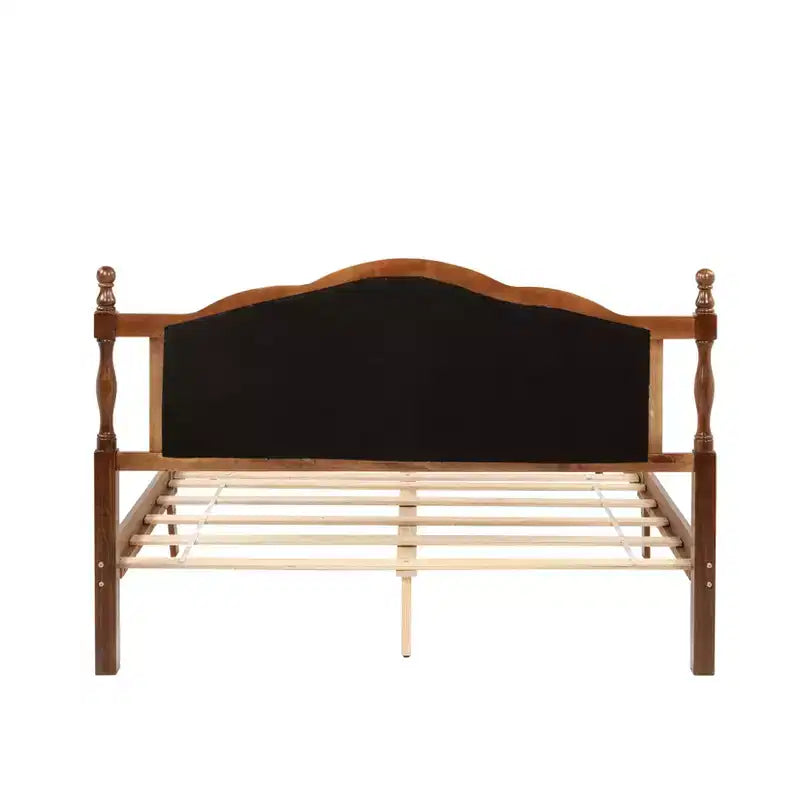 Lit Queen Pine en bois avec tête de lit capitonnée et pied de lit à panneaux